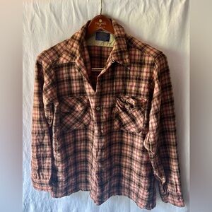 Pendleton Vintage Men’s L Wool Plaid Shirt Red, Brown, Cream Double Pocket